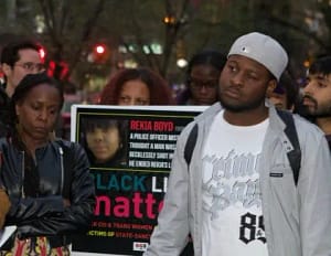 About 100 people attended Rekia Boyd’s rally on Wednesday, April 22 in New York City’s Union Square. The number of those in support of the young unarmed Black woman who died at the hands of police officer Dante Servin was much lower compared to those protesting for unarmed black men like Freddie Gray, Michael Brown and Eric Garner. PHOTO BY DERON DALTON